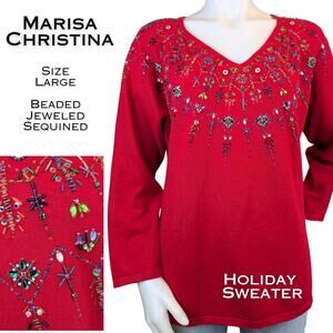 Marisa Christina Holiday Sweater Large Red Beaded Sequined  Embellished Glam